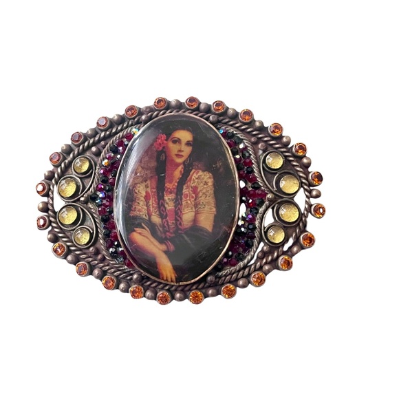 Vintage “The Goddess Image” Buckle w/Rhinestone Crystal Jeweled Leather Belt - Picture 2 of 11